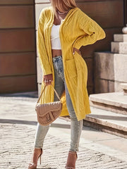 Solid Long Sleeve Open Front Hooded Cardigan With Pockets