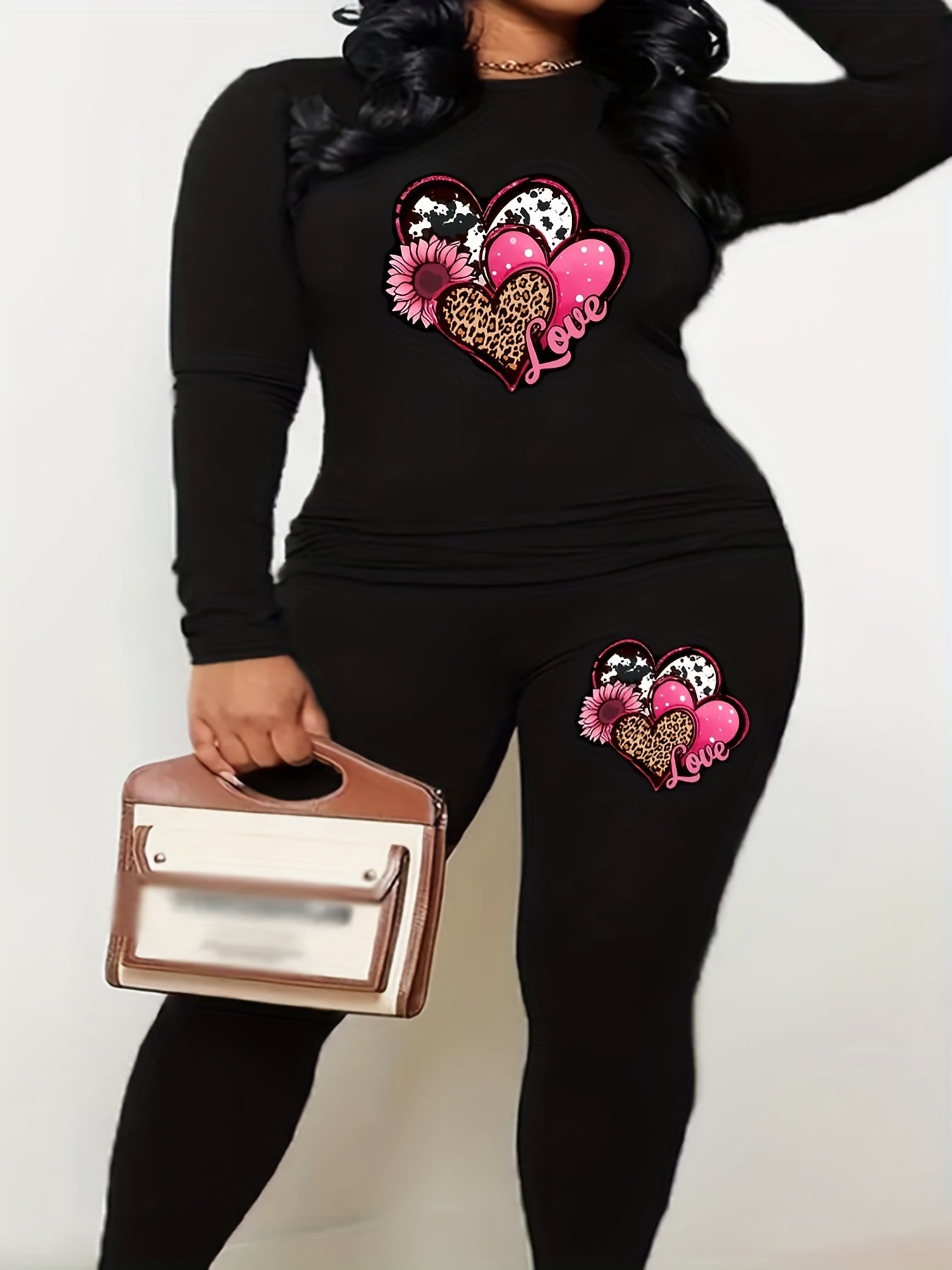 Women's Plus Size Leopard Heart Print Top & Leggings Set
