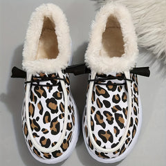 Leopard Print Plush Lined Snow Boots Slip On Canvas Winter Ankle Boots