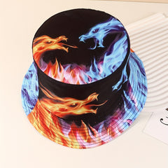 Ice Fire Dragon Bucket Hat Hip Hop Block Printed Unisex Basin Hat Reversible