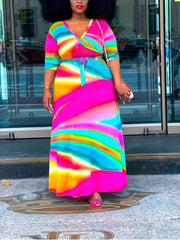 Chain Print Half Sleeve Surplice Neck Maxi Dress With Belt