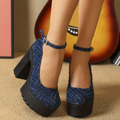 Denim Block Heels Buckle Strap Platform Pumps
