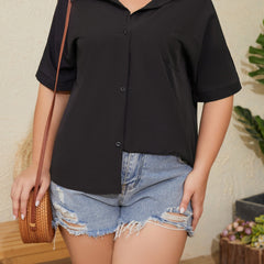 Women's Plus Solid Button Up Short Sleeve Polo Neck Stretch Blouse
