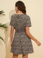 Floral Print Shirred Waist Dress Crew Neck Short Sleeve Dress