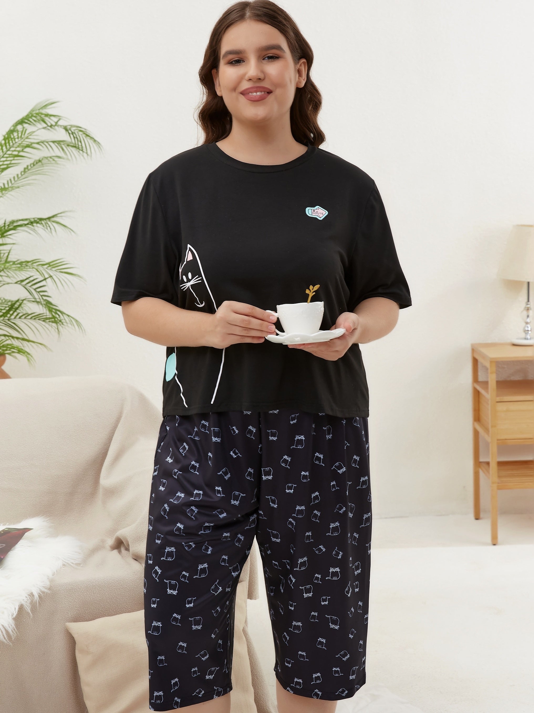 Women's Plus Cat Print Short Sleeve Top & Pants Home Wear Two Piece Set