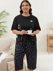 Women's Plus Cat Print Short Sleeve Top & Pants Home Wear Two Piece Set