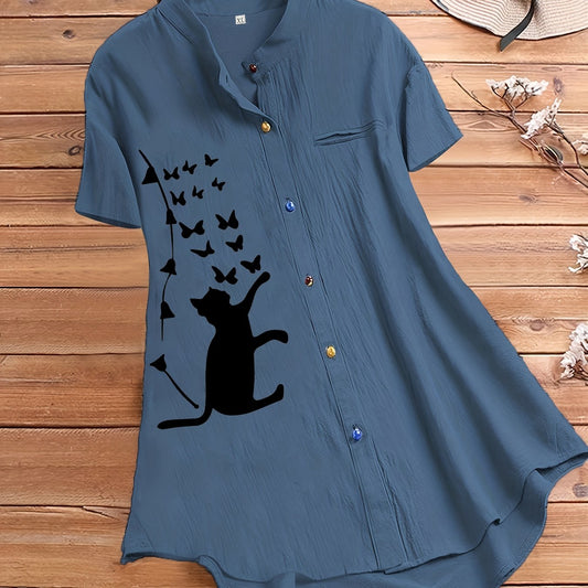 Cat Print Short Sleeve Button Shirt