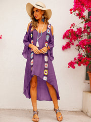 Boho Crochet Cold Shoulder Dress Loose V Neck Beach Holiday Dress