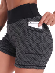 Women's High Waist Honeycomb Sports Shorts with Phone Pocket