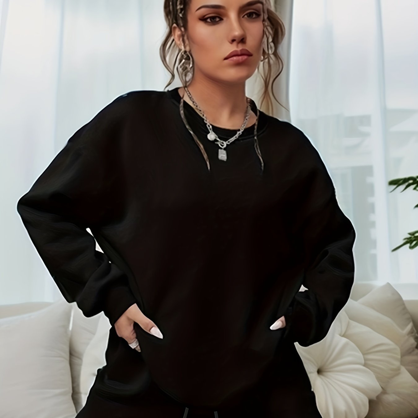 Women's Plain Sweatshirt & Shorts 2 Piece Set