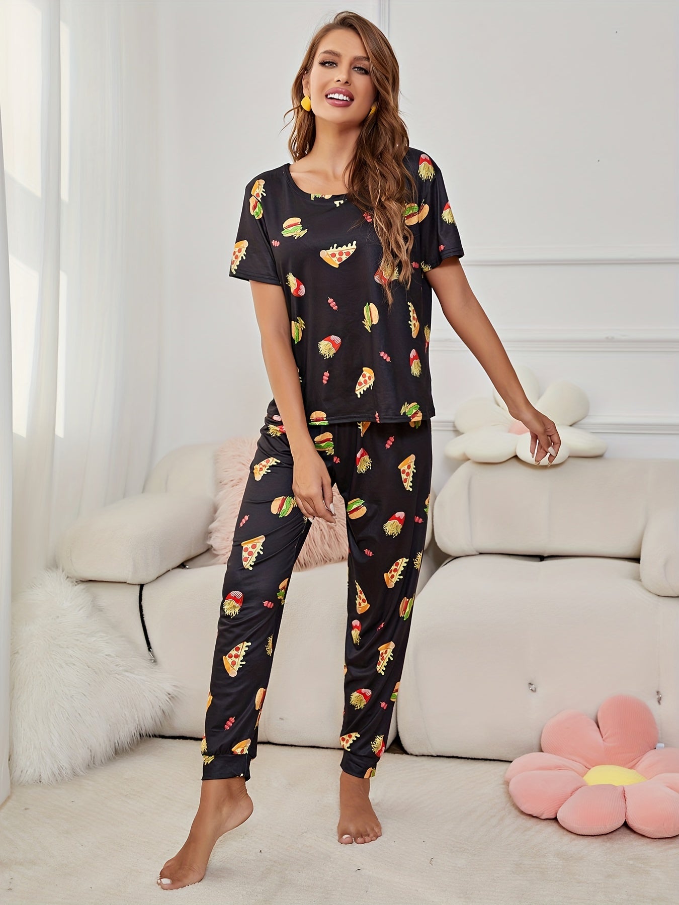 Cartoon Food Pajama Set Short Sleeve Top & Pants