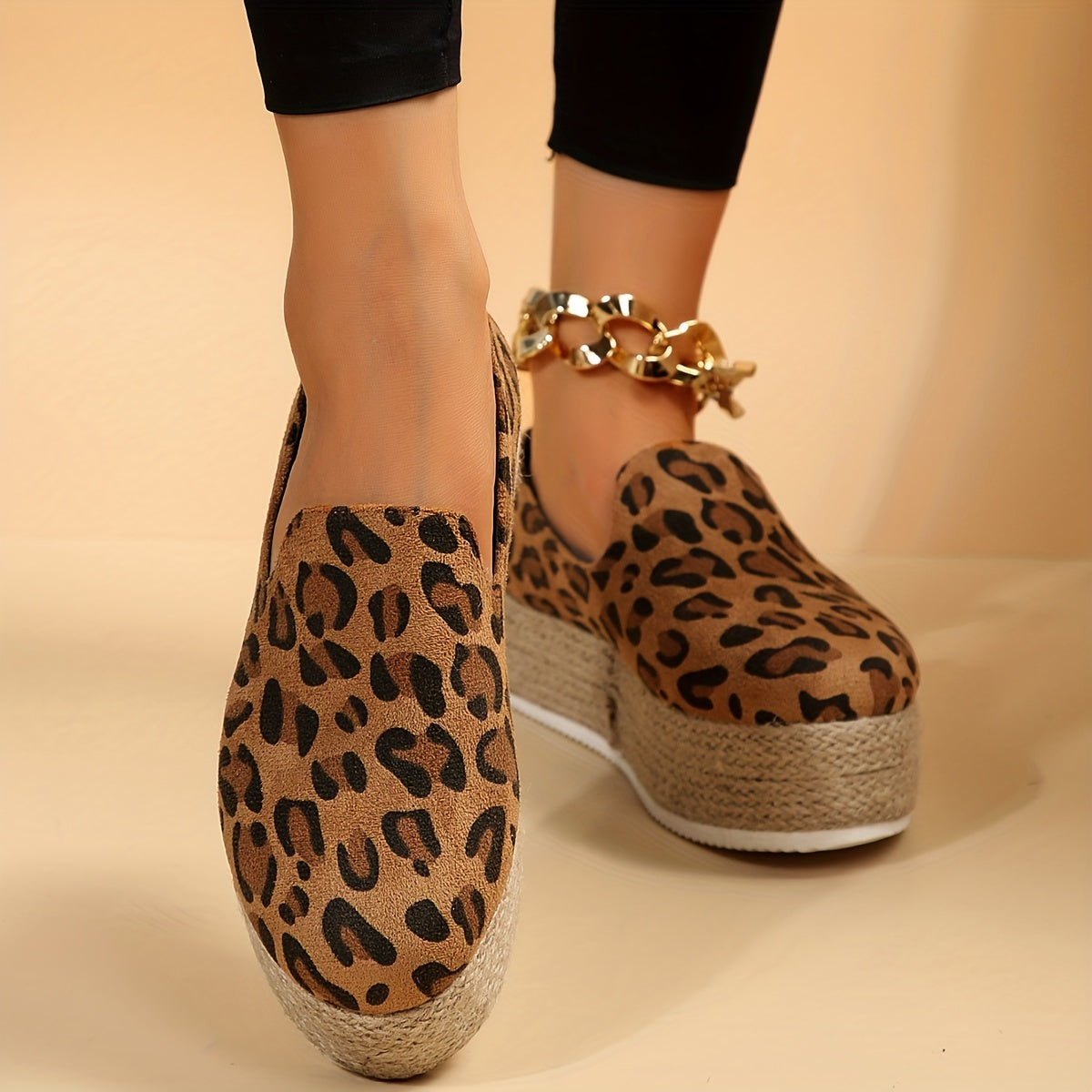 Leopard Pattern Slip On Espadrilles Low Heel Casual Outdoor Shoes