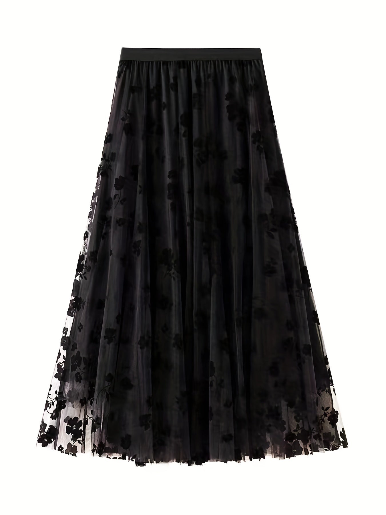 Plant Print Mesh Maxi Skirt High Waist Women's Clothing