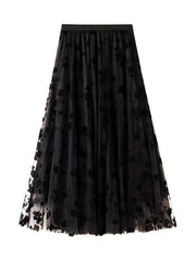Plant Print Mesh Maxi Skirt High Waist Women's Clothing