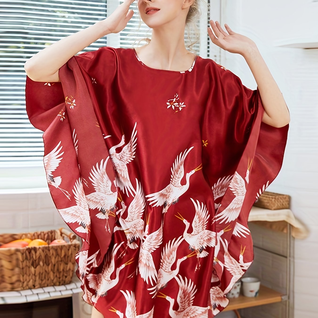 Crane Print Satin NightDress Batwing Sleeve Crew Neck Loose Pajama Dress Women's