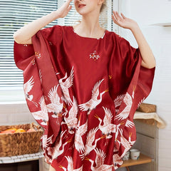 Crane Print Satin NightDress Batwing Sleeve Crew Neck Loose Pajama Dress Women's