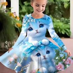 Girls Kitty Graphic Crew Neck Long Sleeve Dress Spring Fall Party Gift