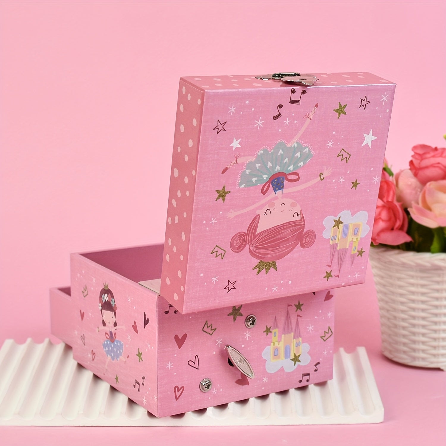 Floral Pink Ballerina Music Box with Mirror