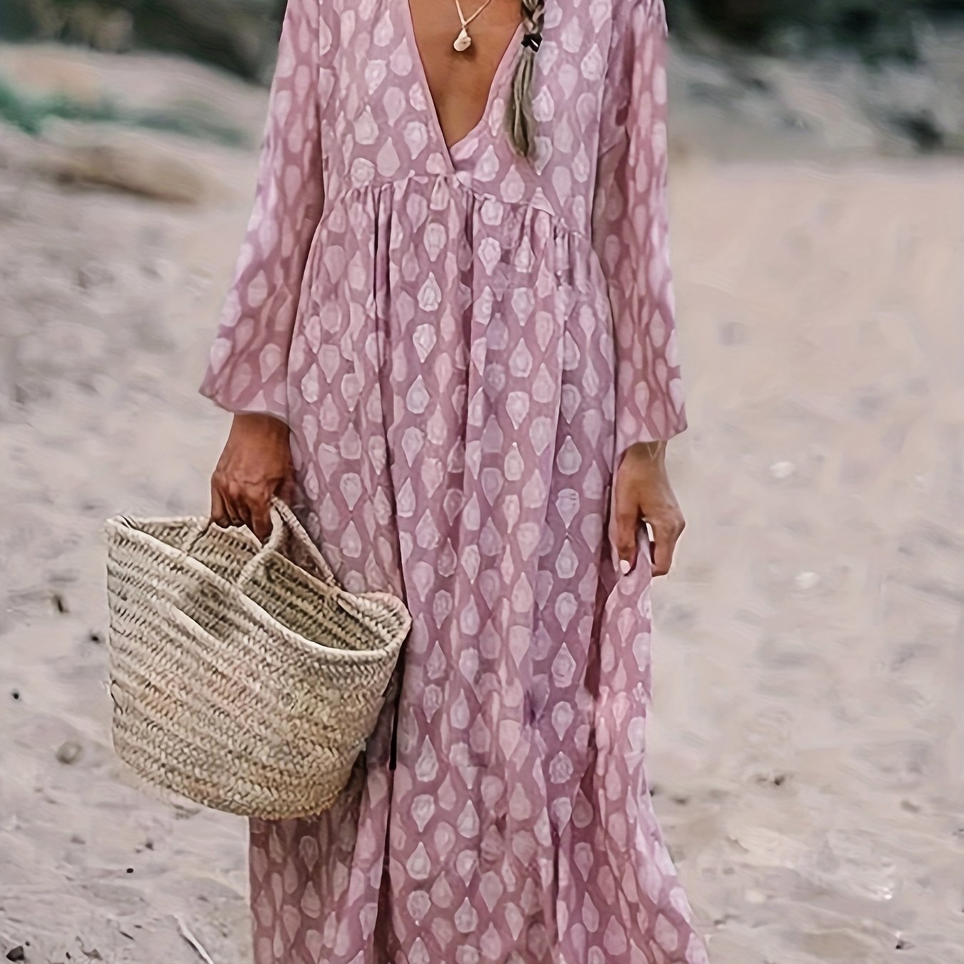 Women's Plus Water Drops Print Long Sleeve Deep V Neck Ruched Maxi Dress