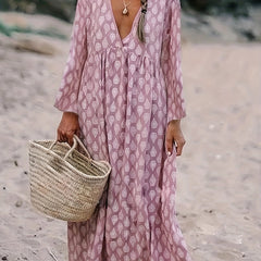 Women's Plus Water Drops Print Long Sleeve Deep V Neck Ruched Maxi Dress