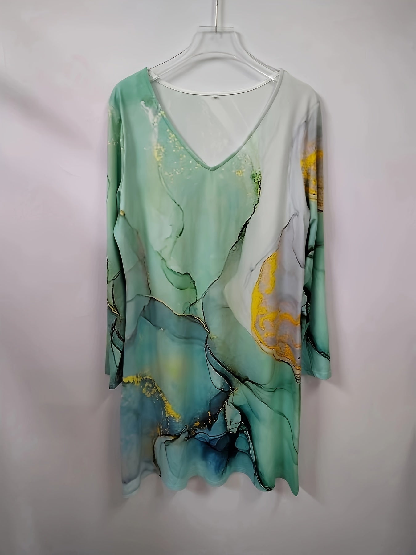Marble Print Long Sleeve V Neck Stretch Mini Dress