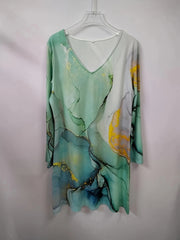 Marble Print Long Sleeve V Neck Stretch Mini Dress