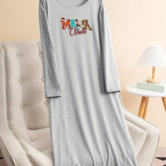 Christmas Lounge Dress Letter Print Long Sleeve Tee Sleep Dress