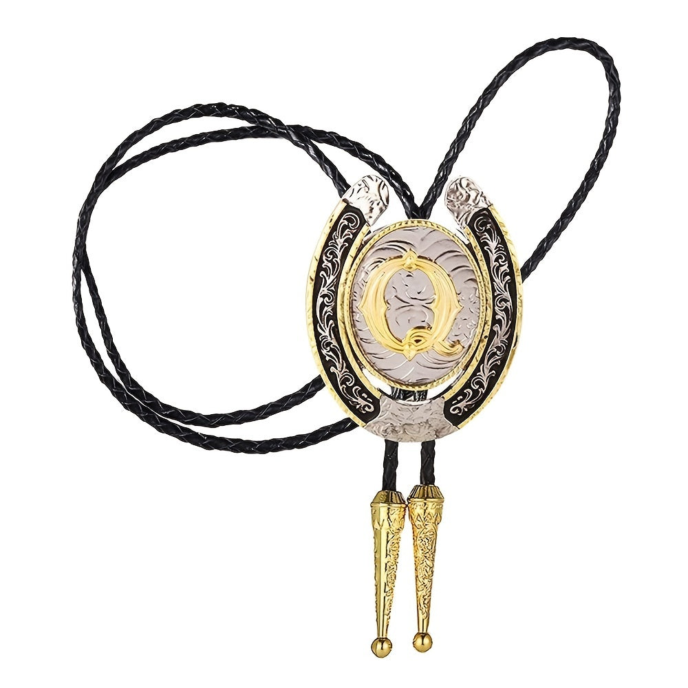 Western Cowboy Zinc Alloy BOLO Tie Natural Round Letter Q Shirt Accessory