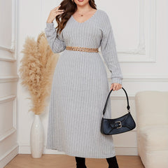 Casual Dress Solid Ribbed Drop Shoulder V Neck Midi Dress
