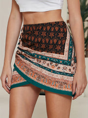 Boho Paisley Print Ruched Mini Skirt High Waist Summer Skirt