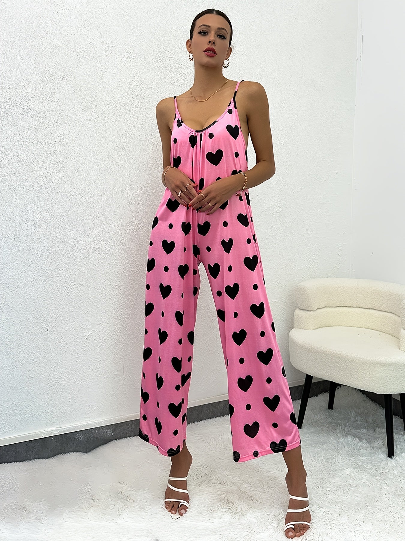 Heart Print Pink & Scoop Neck Jumpsuit Women's Swimwear
