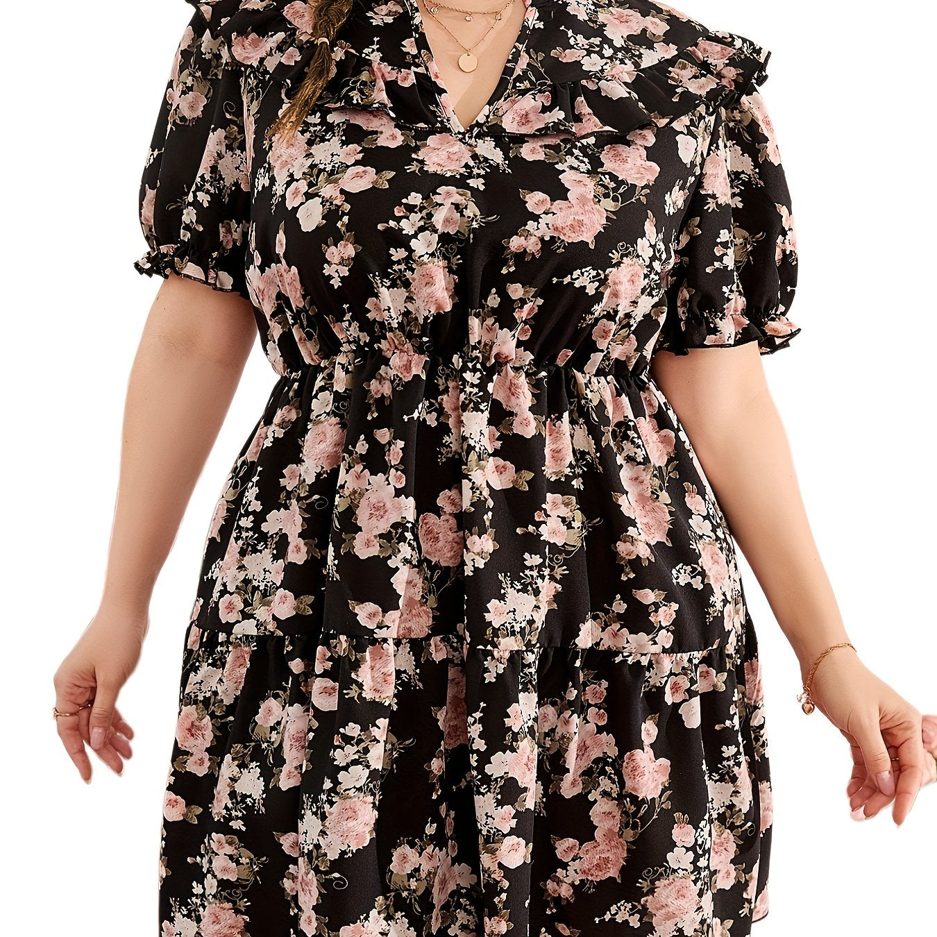 Dress Floral Print Ruffle Puff Sleeve Mini Smock Dress