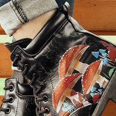 Women's Mushroom Printed Boots Halloween Lace Up Ankle Combat Boots