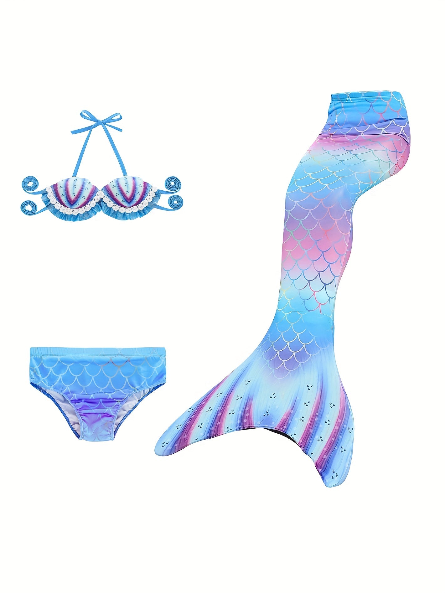 3pcs Mermaid Swimsuit Bikini Set with Tail for Girls