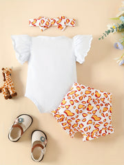 3pcs Baby Girls Cow Peach Print Ruffle Sleeve Shorts Headband Set Clothes