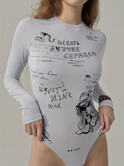 Letter Print Crew Neck Bodysuit Y2K Long Sleeve Slim Bodysuit