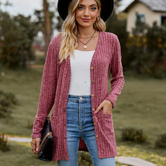 Solid Button Up Pocket Cardigan Long Sleeve Sweater for Women