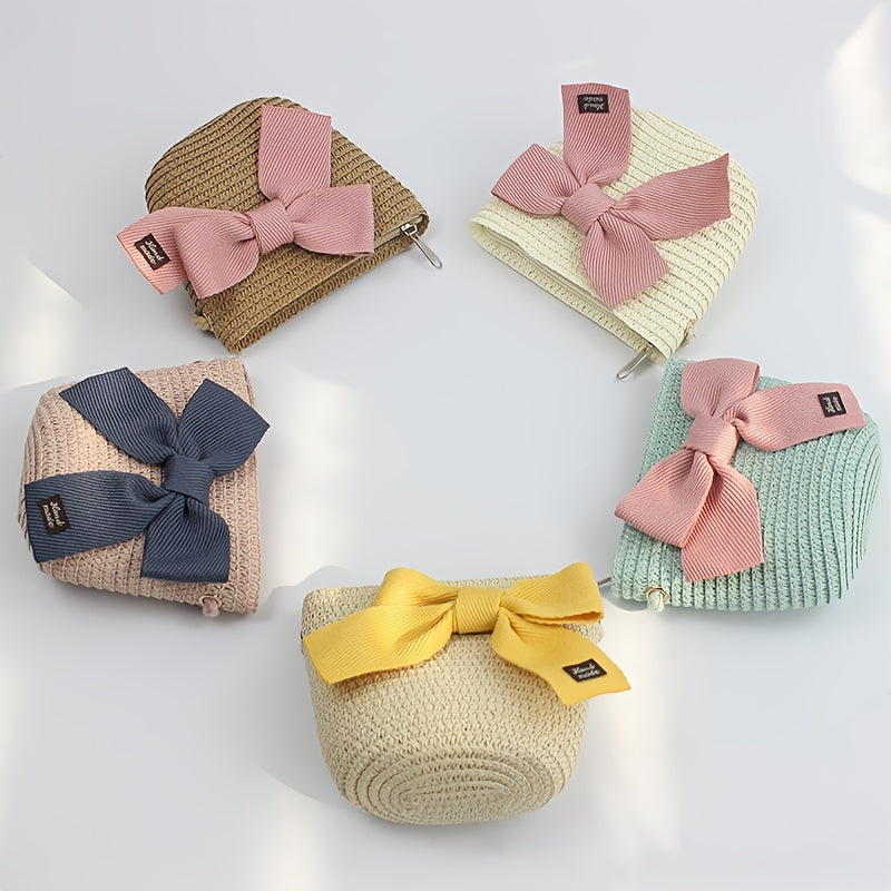 2pcs Girls Straw Hat & Coin Purse Wide Brim UV Protection Kids Accessories