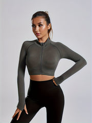 Full Zipper Running Jacket Long Sleeve Yoga Sports Crop Top With Thumb Holes