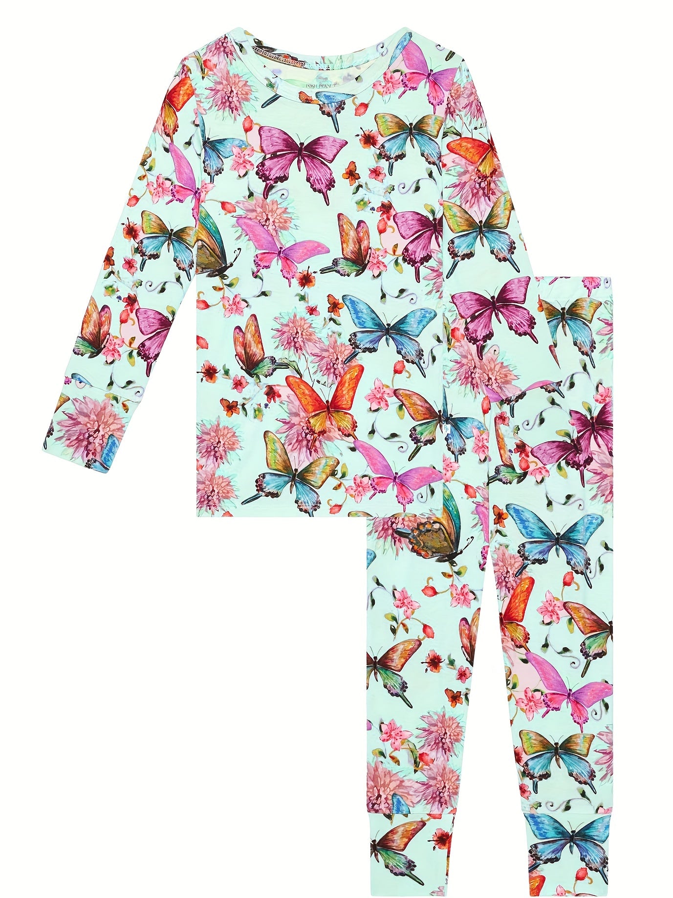 Girl's Butterfly Allover Print Pajama Set, Long Sleeve Top & Pants