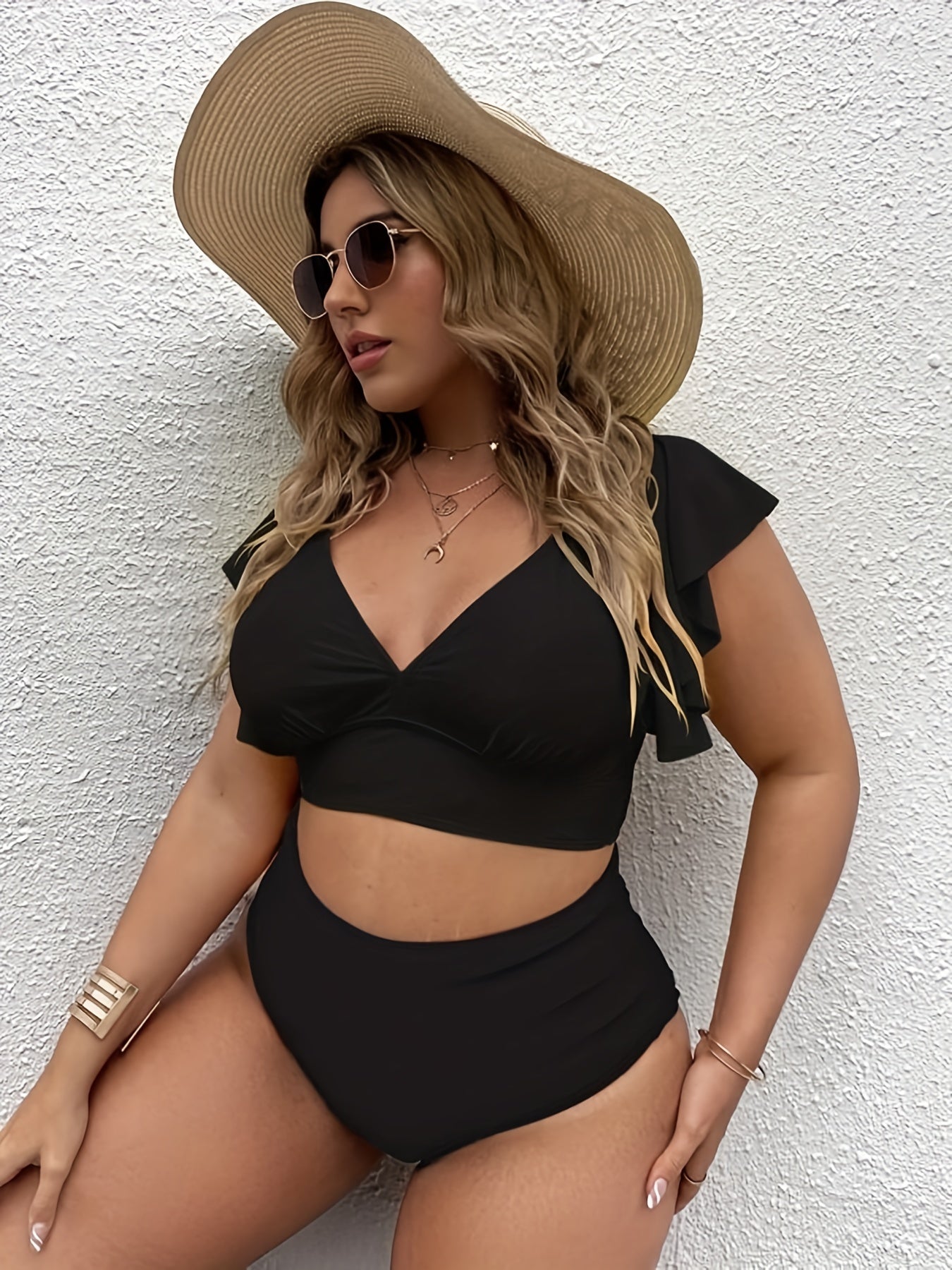 Ruffled Sleeve V Neck Tankini Set