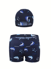 Boys Shark Print Swim Trunks & Cap Set for Beach Vacation