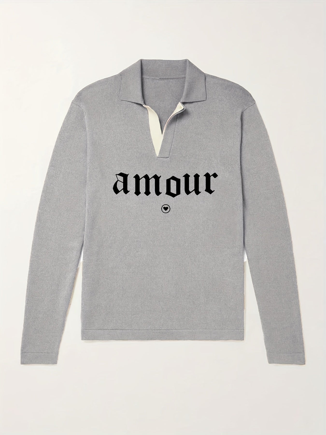 Amour Pattern Knit Polo Shirt Men's Casual Lapel Stretch V Neck Pullover Sweater