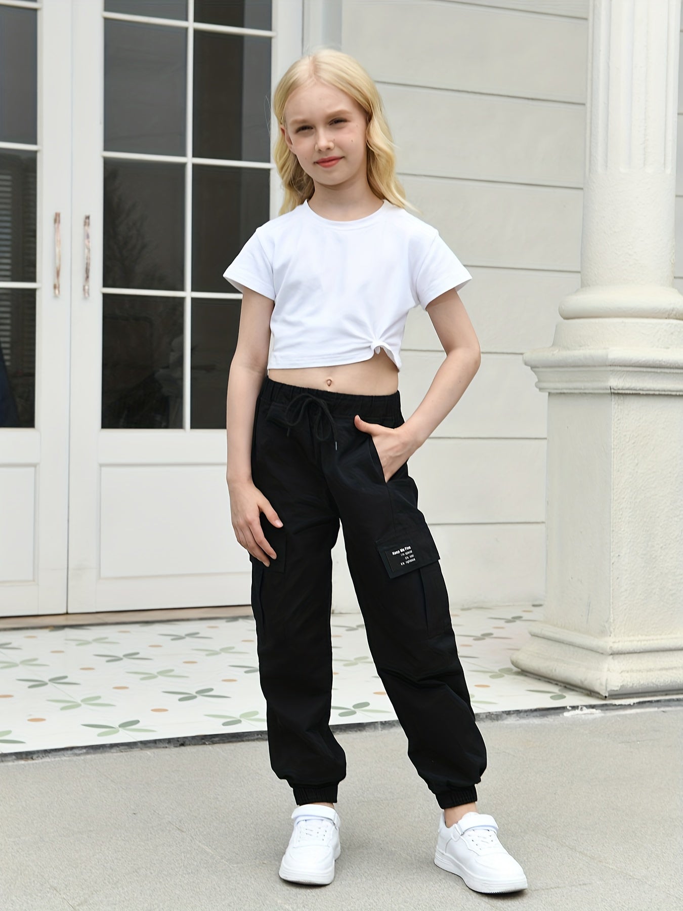 Girls High Waisted Cargo Jogger Pants with Pockets