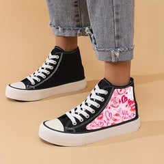 Heart & Lips Print High Top Canvas Sneakers