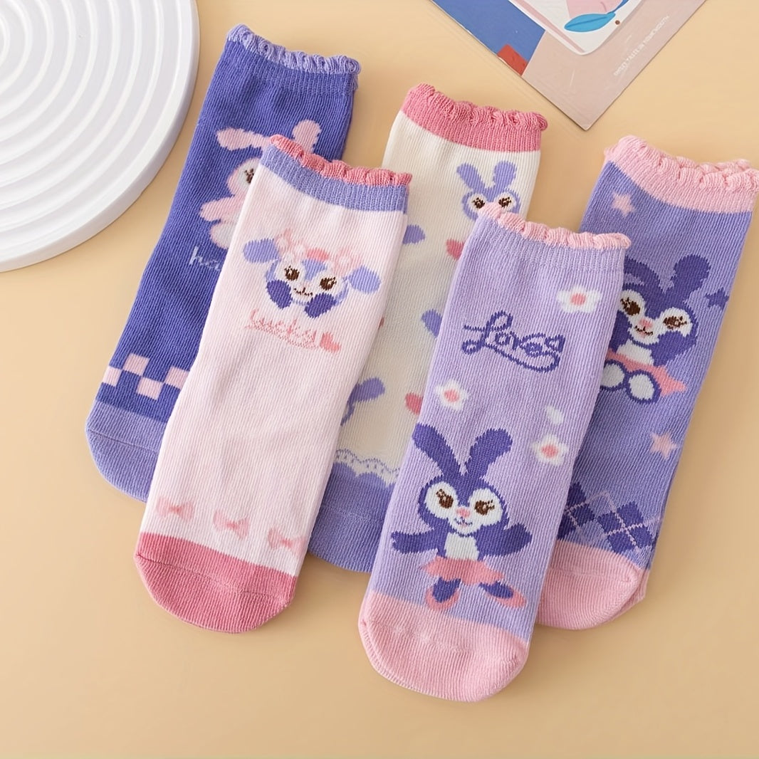 5 Pairs Cartoon Pattern Crew Socks for Girls Kids