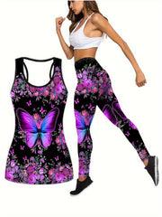 Women's Floral & Butterfly Print Tank Top & Yoga Pants Set