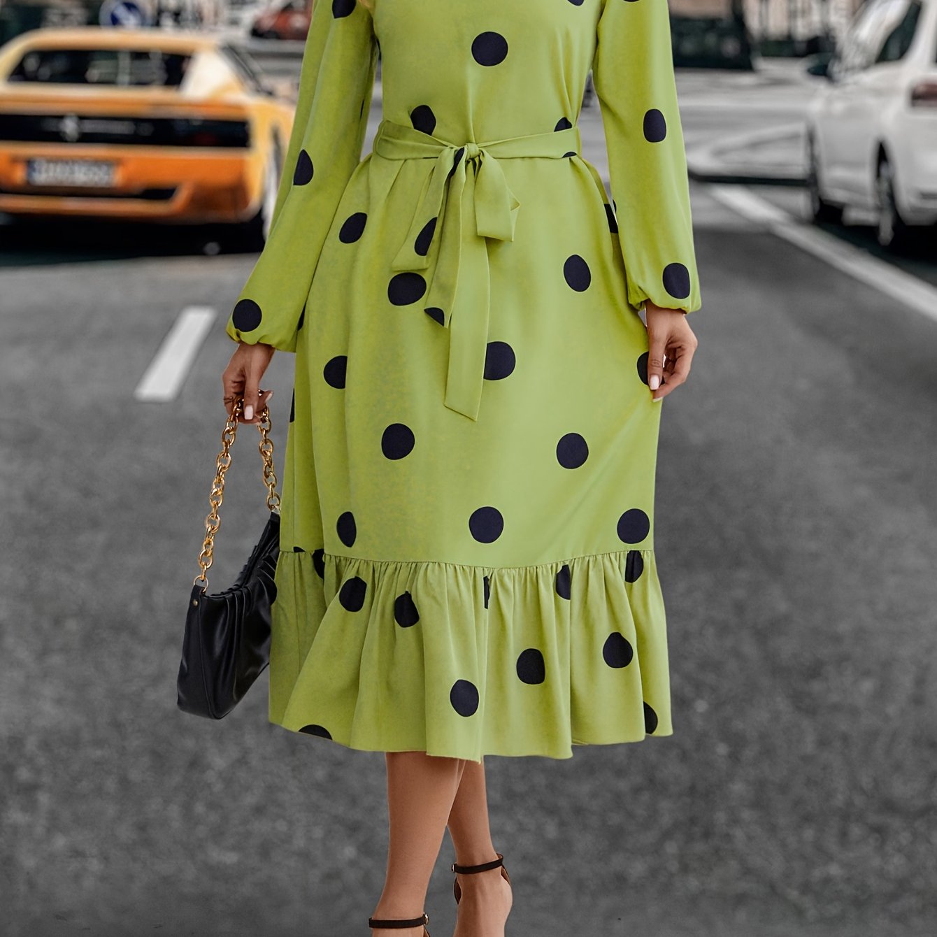 Plus Dot Print Long Sleeve Ruffle Trim Midi Dress