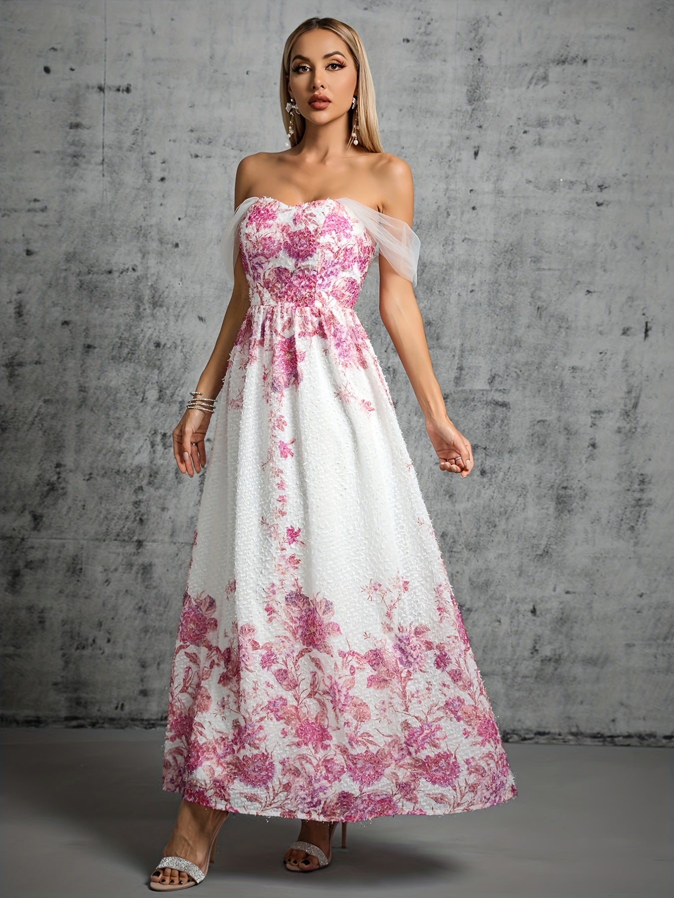 Off Shoulder Floral Print Bridesmaid Dress Wedding Party Dress