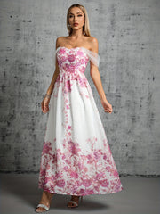 Off Shoulder Floral Print Bridesmaid Dress Wedding Party Dress